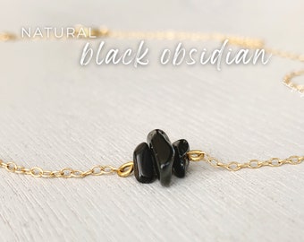 BLACK OBSIDIAN NECKLACE, Empath Protection Necklace, Black Crystal Necklace Gold, Grounding Necklace, Protection Necklace, Tiny Raw Stone