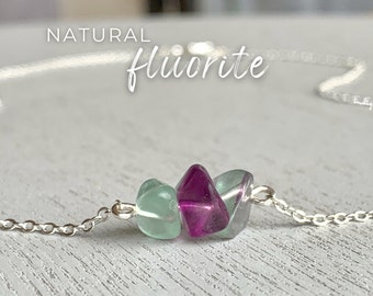 Fluorite Beaded Necklace, Tiny Fluorite Crystal Necklace, Birthday Gift for Mom, Daughter, Raw Gemstone Necklace, Crystal Healing Gift