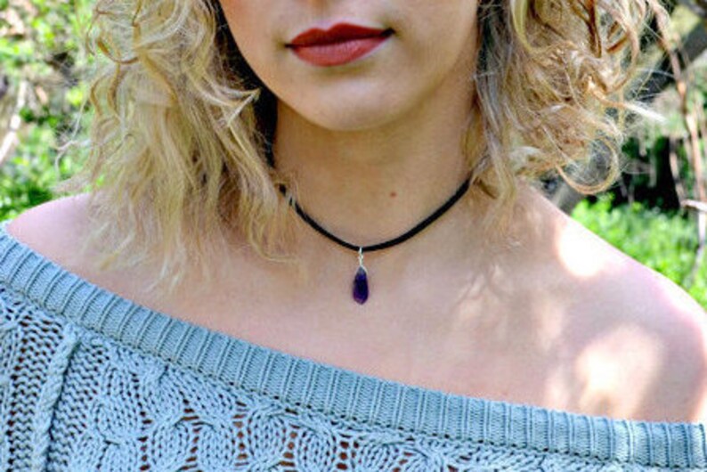 Amethyst Gemstone Necklace Unique February Birthstone Necklace Purple Stone Pendant Amethyst Choker Necklace Black Cord Amethyst Pendant