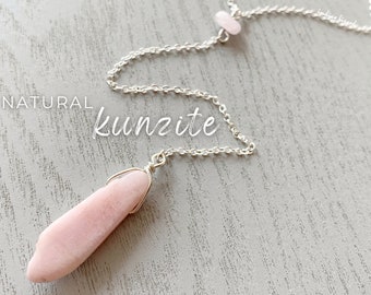 Purple Crystal Necklace Silver Long Gemstone Layering Necklace, Valentines Day Gift for Women, Kunzite Necklace, Raw Kunzite Jewelry