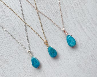 Genuine Apatite Crystal Necklace Sterling Silver, Handmade Blue Gemstone Pendant Gold, Raw Apatite Jewelry, Crystal Healing Necklace for Her