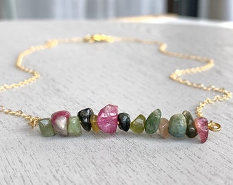 Tourmaline Necklace Gold, Raw Tourmaline Necklace, Rainbow Crystal Necklace, Tourmaline October Birthstone Necklace, Crystal Bar Necklace