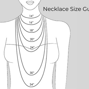 May include: A line drawing of a person wearing a necklace with different lengths marked in inches, from 14 inches to 34 inches. The image is a guide for necklace sizes.
