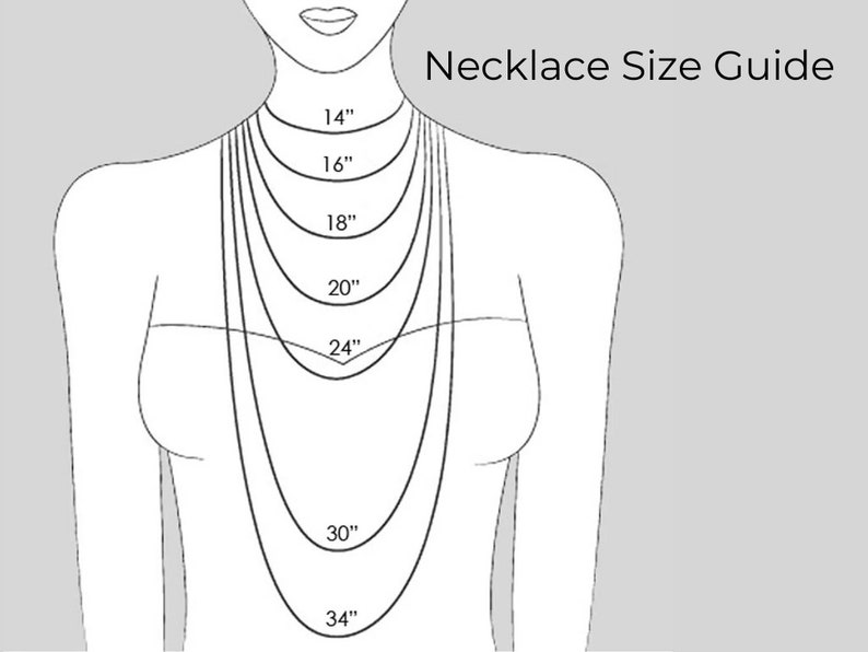 May include: A line drawing of a person wearing a necklace with different lengths marked in inches, from 14 inches to 34 inches. The image is a guide for necklace sizes.
