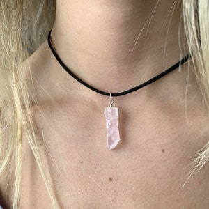Rose Quartz Choker Necklace, Pink Rose Quartz Crystal Pendant Necklace Wire Wrapped Stone Jewelry, Black Cord Crystal Necklace, Gift for Her