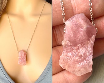 Large Raw Rose Quartz Necklace, Rough Stone Pendant, Pink Gemstone Necklace, Heart Chakra, Love Stone Necklace, Rose Quartz Crystal OOAK