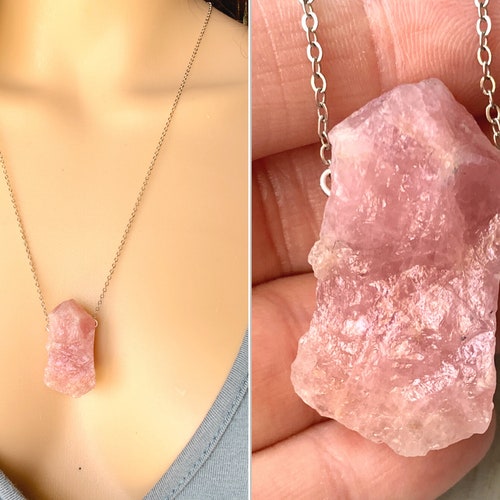 Large Rose Quartz Necklace Raw Rose Quartz Crystal Pendant Etsy