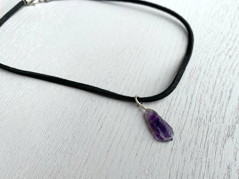 Amethyst Gemstone Necklace Unique February Birthstone Necklace Purple Stone Pendant Amethyst Choker Necklace Black Cord Amethyst Pendant