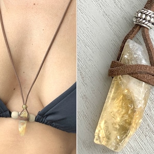 Echte Citrin Halskette Braun oder Schwarz Vegan Lederband, Natürliche Citrin Kristall Halskette, Citrin Schmuck, Edelstein Halskette für Männer