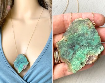 Collar grande de crisoprasa cruda, collar colgante de piedra verde, collar de cristal de crisoprasa natural de oro, joyería de crisoprasa, PIEDRA REAL