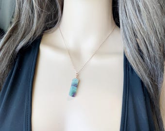 Handmade Raw Crystal Necklace Sterling Silver, Rainbow Fluorite Necklace Gold Gemstone Pendant, Fluorite Jewelry Gift for Her, Birthday Gift