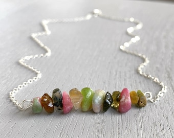 Natural Tourmaline Stone Necklace Gold, Raw Tourmaline Necklace, Rainbow Crystal Necklace, October Birthstone Necklace, Crystal Bar Necklace