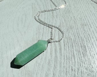 Raw Green Aventurine Crystal Necklace: Sterling Silver, Gold