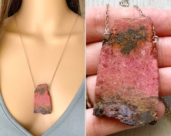 Raw Rhodonite Necklace, Pink Crystal Pendant Necklace Silver or Gold, Heart Chakra Healing Crystal, Rhodonite Crystal Necklace EXACT STONE
