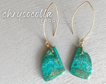Raw Chrysocolla Earrings: Gold Filled Green Gemstone Dangle Jewelry