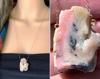 OOAK Pink Opal Necklace, Natural Opal Pendant Gold or Silver Rough Stone Pendant, Pink Gemstone, Raw Opal Crystal Jewelry October Birthstone