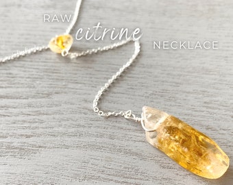 Raw and Natural Citrine Necklace Yellow Gemstone Pendant Sterling Silver, Citrine Crystal Necklace Gold, Abundance Stone Necklace for Her
