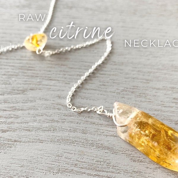 Raw and Natural Citrine Necklace Yellow Gemstone Pendant Sterling Silver, Citrine Crystal Necklace Gold, Abundance Stone Necklace for Her