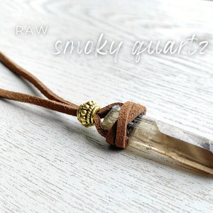 Raw Smoky Quartz Necklace, Black Cord Raw Crystal Necklace, Smokey Quartz Pendant, Quartz Point Necklace for Men, Protection Stone Pendant