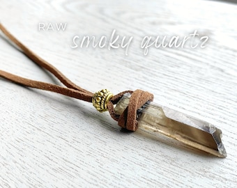 Raw Smoky Quartz Necklace, Black Cord Raw Crystal Necklace, Smokey Quartz Pendant, Quartz Point Necklace for Men, Protection Stone Pendant