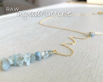 Long Blue Crystal Necklace Sterling Silver, Raw Aquamarine Necklace, Blue Gemstone Necklace Gold, March Birthstone Necklace for Women