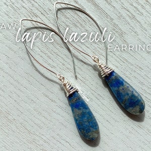 RAW Lapis Lazuli Earrings OOAK Wire Wrapped Blue Stone Earrings, Raw Lapis Jewelry Blue Gemstone Dangle Earrings Sterling Silver Exact Pair