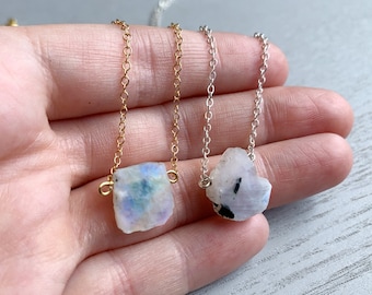 RAW MOONSTONE NECKLACE Rainbow Moonstone Crystal Necklace Sterling Silver, Goddess Necklace June Birthstone Necklace for Wife, Girlfriend