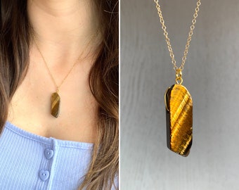 Collier Real Tigers Eye, Tiger Eye Jewelry Healing Crystal Pendentif Necklace, Boho Necklace, Yoga Necklace, Healing Necklace, Gold or or Silver