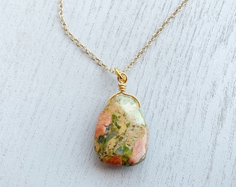 REAL UNAKITE CRYSTAL Necklace - Unakite Jasper Necklace - Raw Unakite Pendant - Unakite Jewelry - Gold Filled - Sterling Silver - Boho Stone