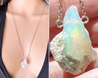 Raw Opal Necklace, Natural Opal Pendant Necklace, October Birthstone Necklace, Real Opal Jewelry, Precious Crystal Necklace ACTUAL STONE