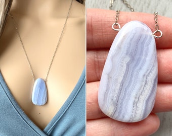 Blue Lace Agate Necklace, Blue Crystal Necklace Sterling Silver, Blue Gemstone Pendant Big Blue Calming Stone Necklace for Women EXACT STONE