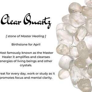 May include: A close-up of a pile of clear quartz tumbled stones. The stones are smooth and translucent, with a slight sparkle. The text "Clear Quartz [stone of Master Healing] Birthstone for April" is visible in the image. Most famously known as the Master Healer it amplifies and cleanses energies of living beings and other crystals. Great for every day, work or study as it promotes focus and mental clarity.