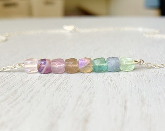 Natural Fluorite Necklace Sterling Silver, Handmade Rainbow Gemstone Necklace Gold Fluorite Jewelry, Intuition Stone Metaphysical Gift Ideas