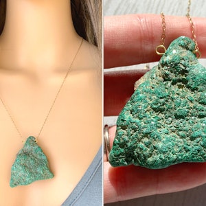 Large Malachite Necklace Gold or Silver, Raw Malachite Necklace, Healing Crystal Jewelry, Heart Chakra Necklace, Green Stone ACTUAL STONE