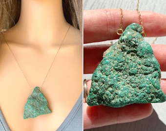 Large Malachite Necklace Gold or Silver, Raw Malachite Necklace, Healing Crystal Jewelry, Heart Chakra Necklace, Green Stone ACTUAL STONE