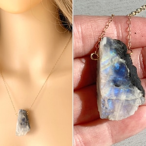 Raw Moonstone Necklace Silver or Rose Gold, Moonstone Jewelry, Raw Stone Necklace, Raw Crystal Necklace, June Birthday Gift, EXACT STONE