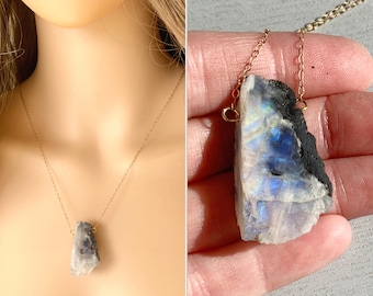 Raw Moonstone Necklace Silver or Rose Gold, Moonstone Jewelry, Raw Stone Necklace, Raw Crystal Necklace, June Birthday Gift, EXACT STONE