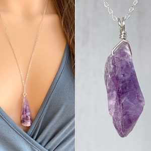 ROUGH AMETHYST NECKLACE Raw Crystal Necklace Real Amethyst Pendant Long Amethyst 24 inch Necklace Sterling Silver February Birthstone image 1