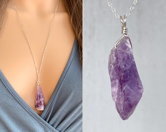 ROUGH AMETHYST NECKLACE - Raw Crystal Necklace- Real Amethyst Pendant - Long Amethyst 24 inch Necklace Sterling Silver - February Birthstone