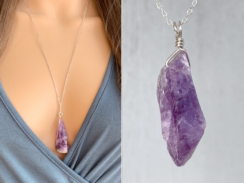 ROUGH AMETHYST NECKLACE Raw Crystal Necklace Real Amethyst Pendant Long Amethyst 24 inch Necklace Sterling Silver February Birthstone image 1