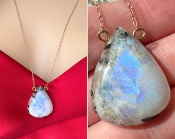 Collar de piedra lunar arco iris, joyería de piedra lunar, regalo curativo de cristal, piedra de nacimiento de junio, regalo para esposa, plata u oro, collar de piedra natural