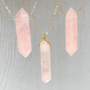 Rose Quartz Necklace Valentines Day Gift for Girlfriend Wife Pink Gemstone Necklace, Wire Wrapped Small Pink Crystal Necklace Silver or Gold