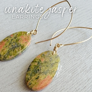 Raw Unakite Earrings, Green Stone Earrings, Unakite Jasper Gemstone Jewelry, Statement Crystal Dangle Earrings 14k Gold Filled EXACT PAIR