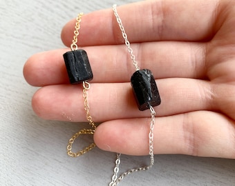 Black Tourmaline Bracelet Gold or Silver Raw Tourmaline Jewelry, October Birthstone Bracelet, Black Gemstone Bracelet, Birthday Gift for Her
