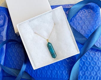 Genuine Apatite Necklace Sterling Silver, Handmade Blue Crystal Gemstone Pendant Gold Stone Necklace Raw Apatite Jewelry, Manifestation Gift