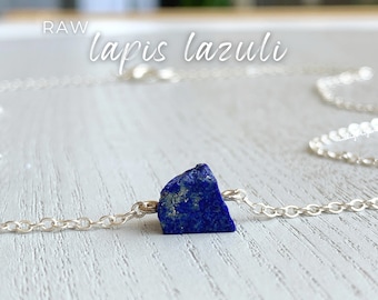RAW LAPIS NECKLACE, Tiny Lapis Lazuli Crystal Necklace, Simple Blue Stone Pendant Silver or Gold September Birthstone Layering Necklace