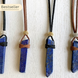 LAPIS LAZULI NECKLACE Mens Crystal Necklace on Cord, Blue Lapis Pendant Necklace, Lapis Stone Jewelry, Blue Gemstone Necklace for Men, Women