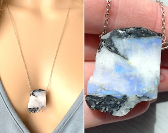 Big Moonstone Pendant Necklace, Raw Moonstone Necklace, Moonstone Jewelry, Rough Crystal Necklace, Gift For Her June Birthstone EXACT STONE