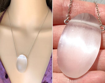 Large Selenite Pendant Necklace Silver or Gold, Empath Jewelry Raw Gemstone Necklace Intuition Necklace, Gift for Mom, Wife, Her EXACT STONE