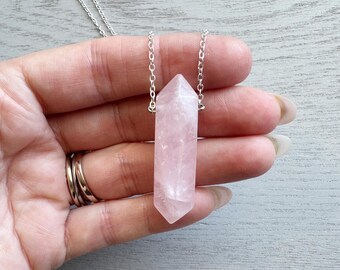 Rose Quartz Necklace Sterling Silver, Handmade Pink Crystal Pendant Gold Rose Quartz Jewelry, Big Gemstone Necklace Double Point, Love Stone